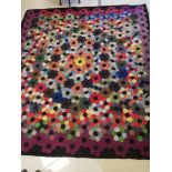 Large silk patchwork quilt with black taffeta lining -84" x 76"