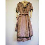 Late 19thC coffee coloured day dress with lace trim to sleeves and collar