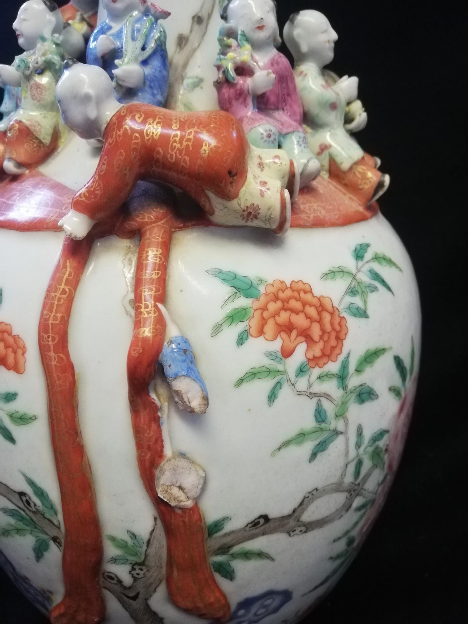 Chinese floral decorated vase with applied clambering boys - with obvious damage & marks obliterated - Image 4 of 11