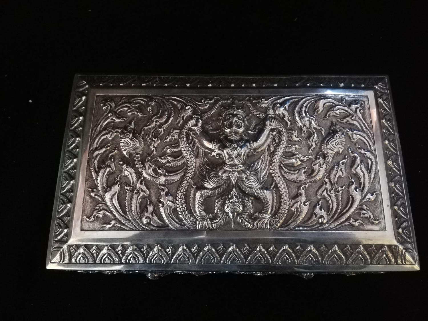 Asian silver embossed cigarette box with wood interior -8¼" x 5" x 3¼" high - Image 2 of 5