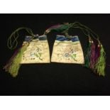 Pair of oriental silk embroidered & tasselled snuff bottle purses (cream/blue)