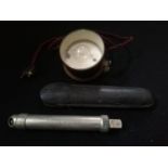 Vintage car lead lamp (2" diameter) t/w vintage car tyre pressure gauge in leather case (Moto Meter)