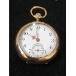 Gold plated ladies fob watch with bird decoration & with diamond set back plate