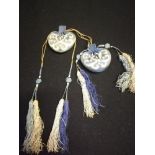 Pair of oriental silk embroidered & tasselled snuff bottle purses (blue/white)
