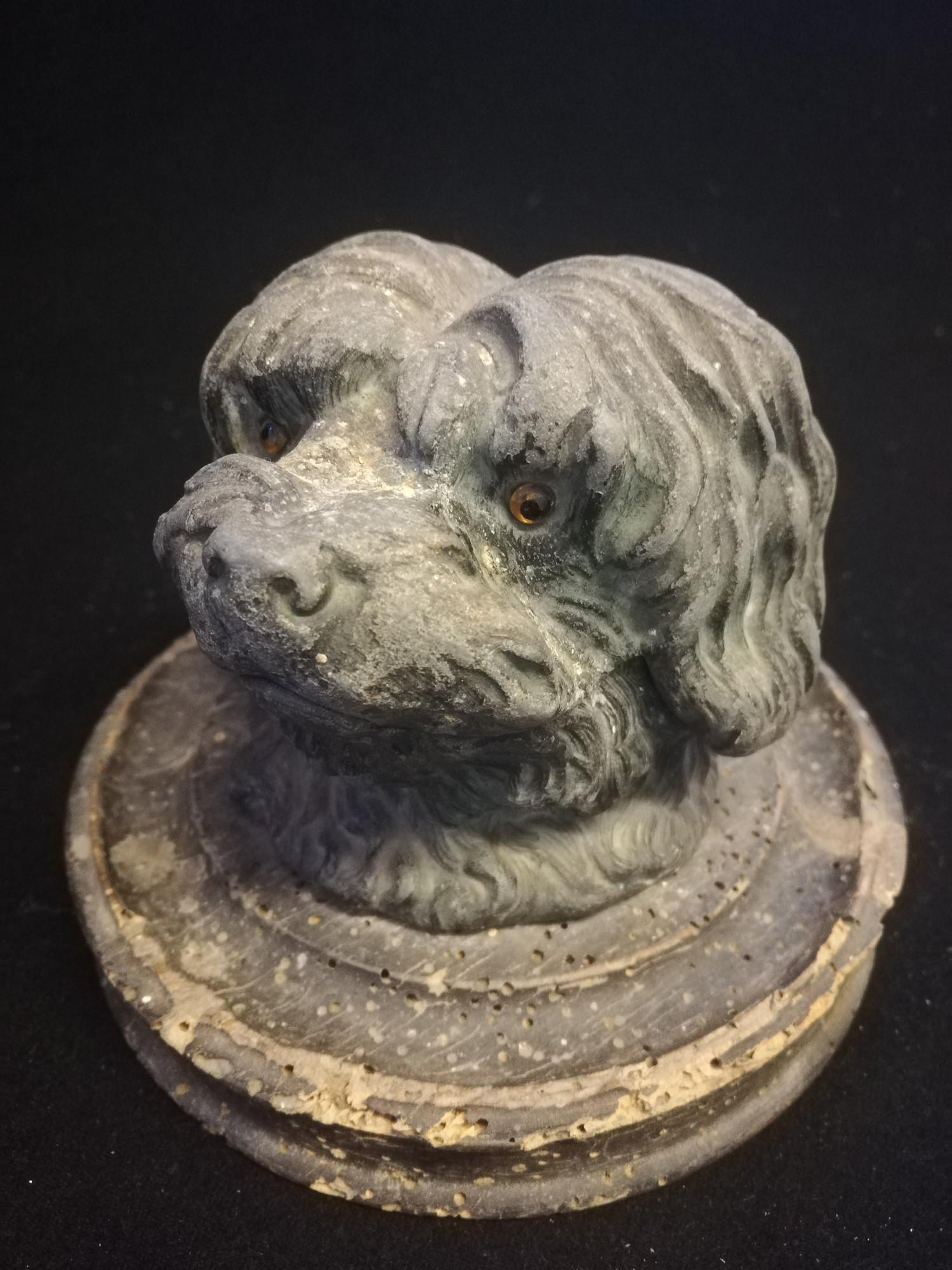Antique inkwell in the form of a dogs head with glass eyes & clear glass inkwell