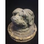 Antique inkwell in the form of a dogs head with glass eyes & clear glass inkwell
