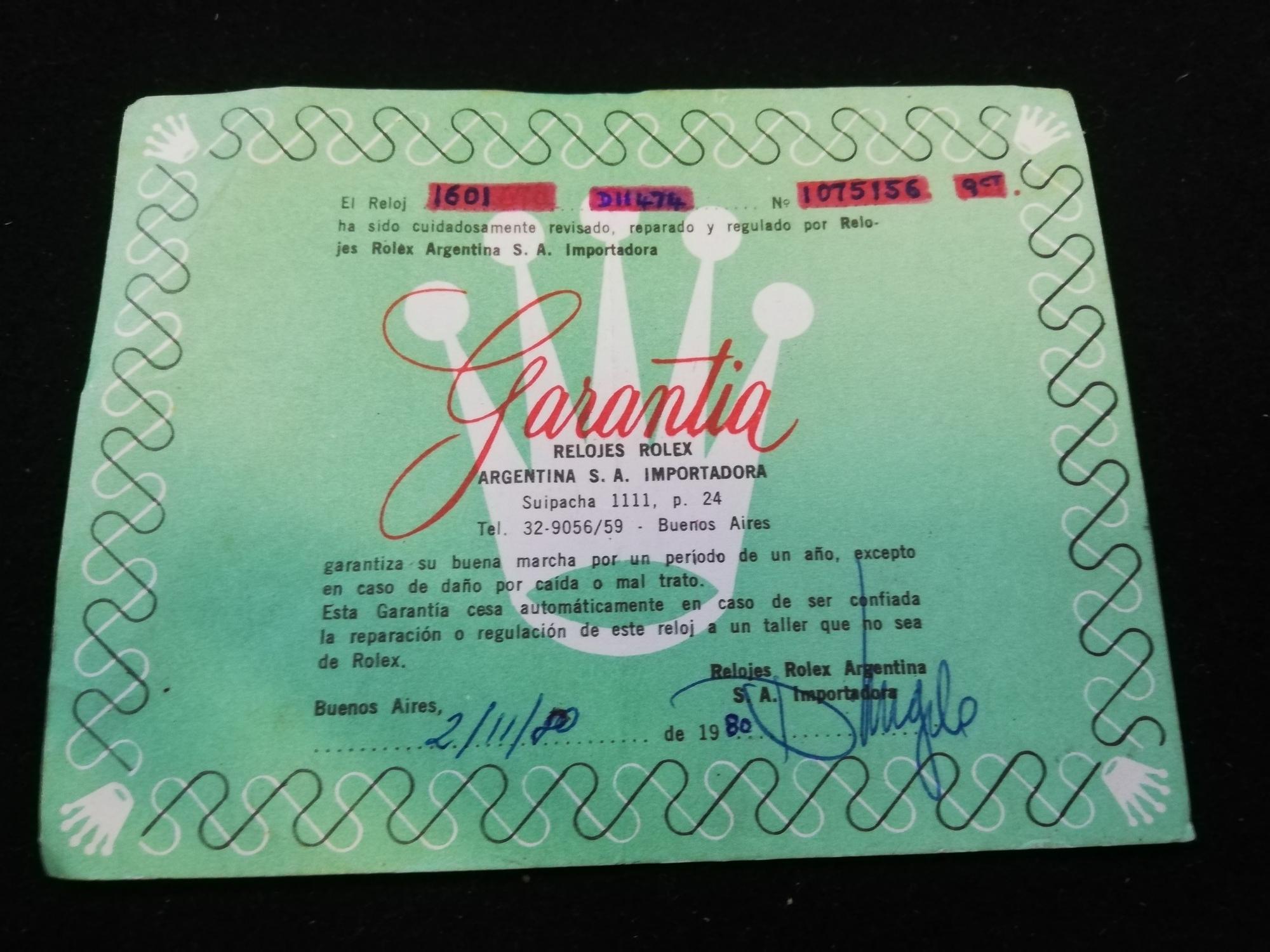 Rolex guarantee (Garantia) certificate dated 1980 - Argentinian (Buenos Aires)