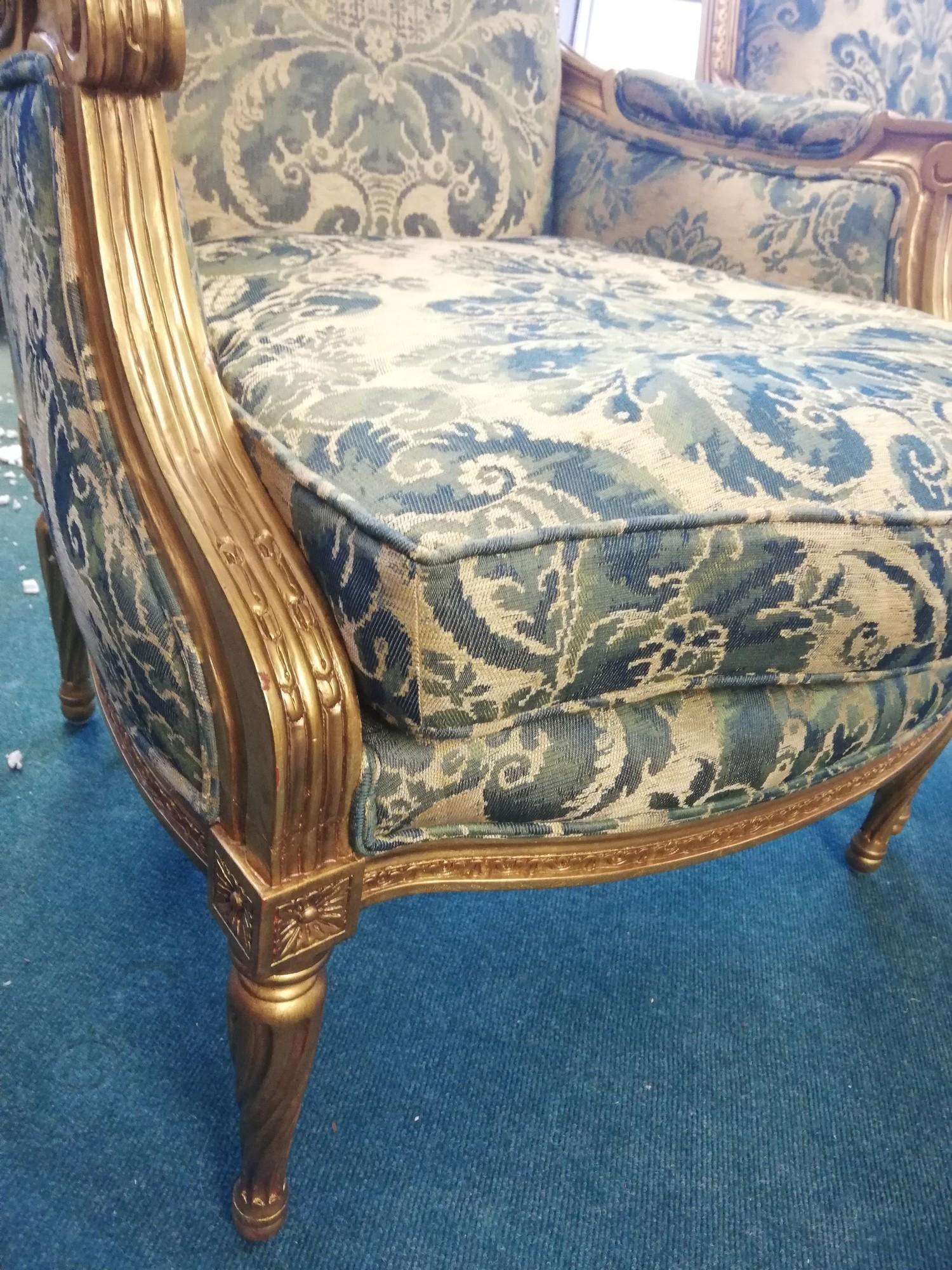 Pair of Brights of nettlebed gilt wood french armchairs with blue silk brocade upholstery - Image 2 of 2