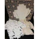 2 lengths of crochet panels with tassels t/w crochet cloth with linen centre panel t/w length lace