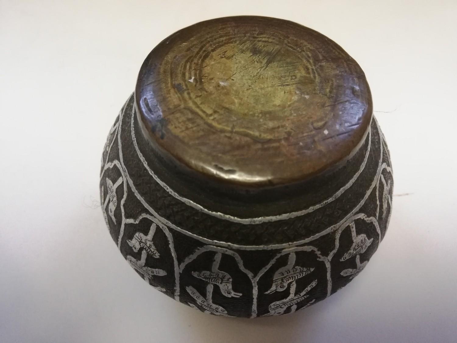 Bronze pot with silver inlay decoration on panels with birds -2½" diameter 3" height - Image 2 of 2