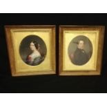 Pair of 19th century portraits on board of a lady & gentleman in wooden frames with a velvet