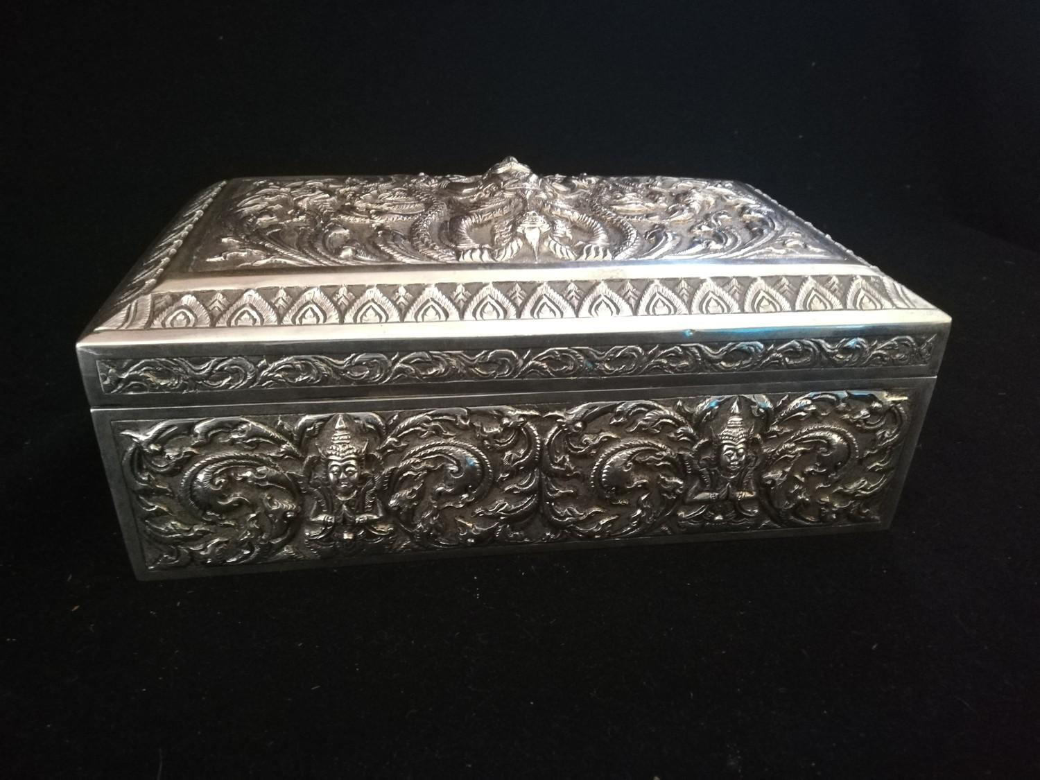 Asian silver embossed cigarette box with wood interior -8¼" x 5" x 3¼" high