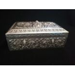 Asian silver embossed cigarette box with wood interior -8¼" x 5" x 3¼" high