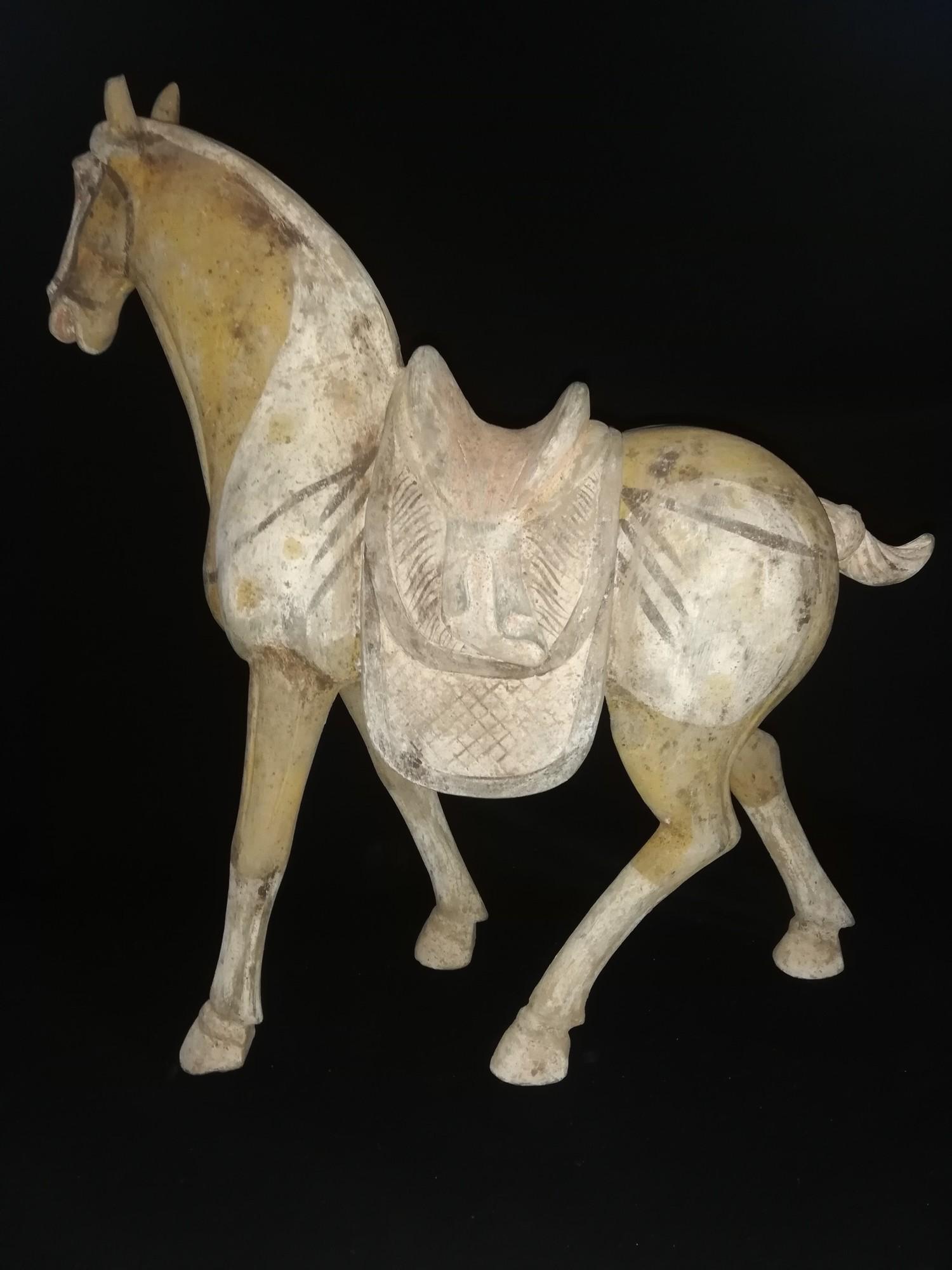 Large pair of Tang dynasty painted pottery horses with saddles (618-907AD) -22" x 20" - Image 2 of 15