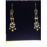 Drop earrings set with cabochon sapphires, seed pearls & diamonds
