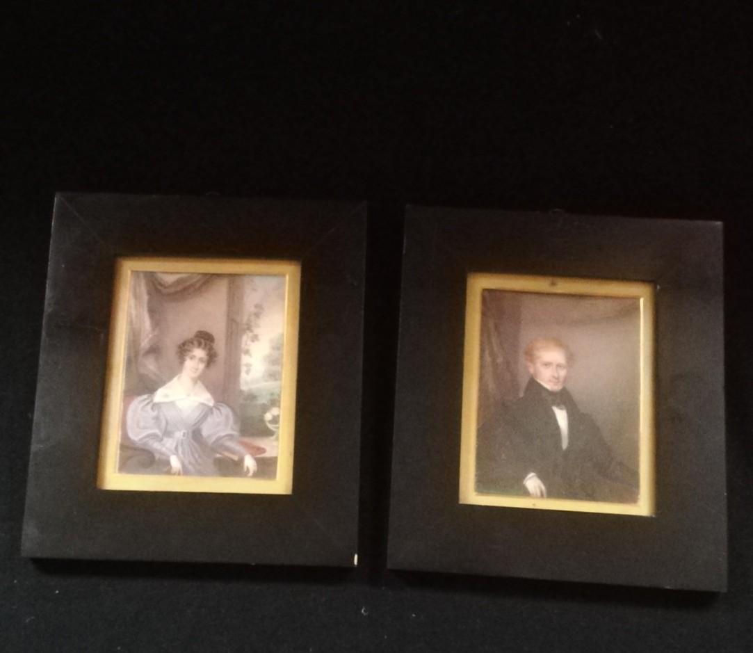 Pair of portrait miniatures of a lady & a gentleman annotated to reverse on back of frame