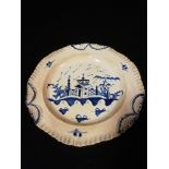 18th century English creamware plate with 'pie crust' edge & blue oriental style decoration