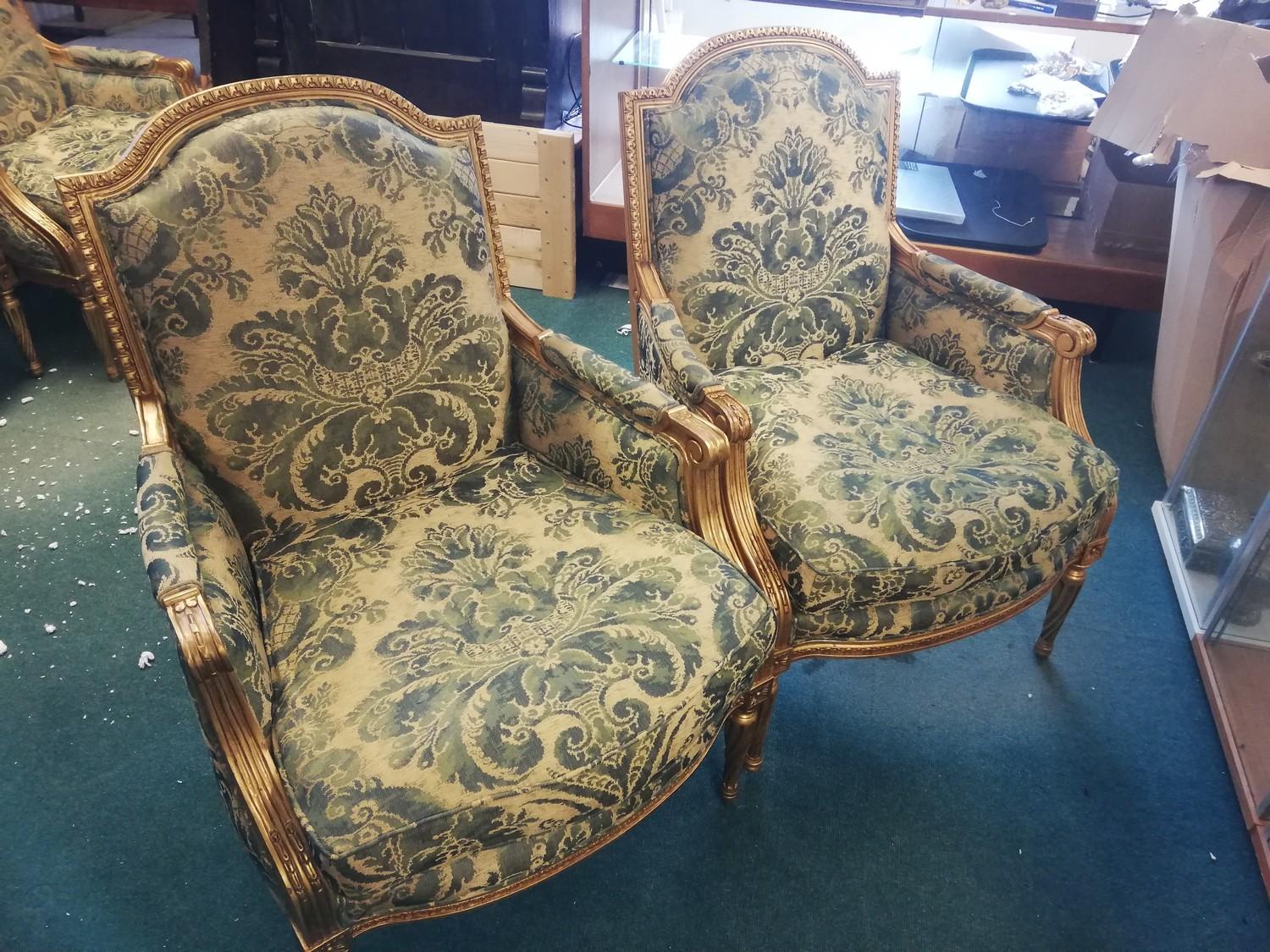 Pair of Brights of nettlebed gilt wood french armchairs with blue silk brocade upholstery