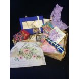 Box of oddments including child's umbrella, pin cushions, lace making pillow etc.