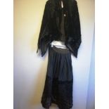 Victorian black velvet embossed, beaded cloak and long black skirt