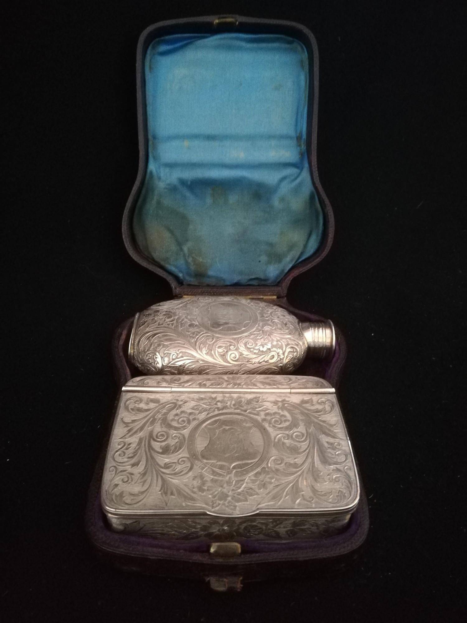 1877 Rare cased pair of Exeter silver hip flask & sandwich box by Josiah Williams & Co