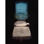 1877 Rare cased pair of Exeter silver hip flask & sandwich box by Josiah Williams & Co
