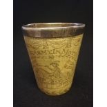 c.1815 scrimshaw horn beaker depicting Wellington at the Battle of Waterloo