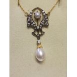 Art Nouveau style necklace (16") set with diamonds and pearls
