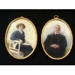 Pair of oval gilt metal framed portrait miniatures on ivory of Edwardian lady & gentleman