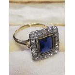 Antique 18ct (unhallmarked) yellow gold square sapphire and old cut diamond ring