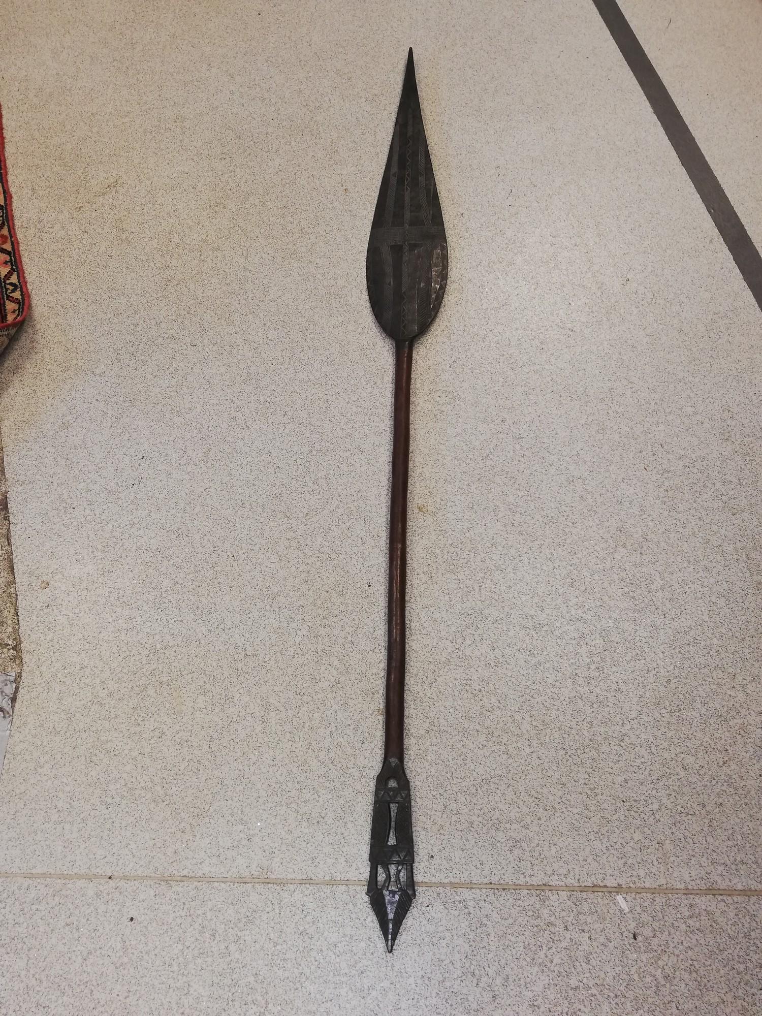 early 20th century ethnic ceremonial hoe / paddle with lanceolate shaped blade -approx 66" long