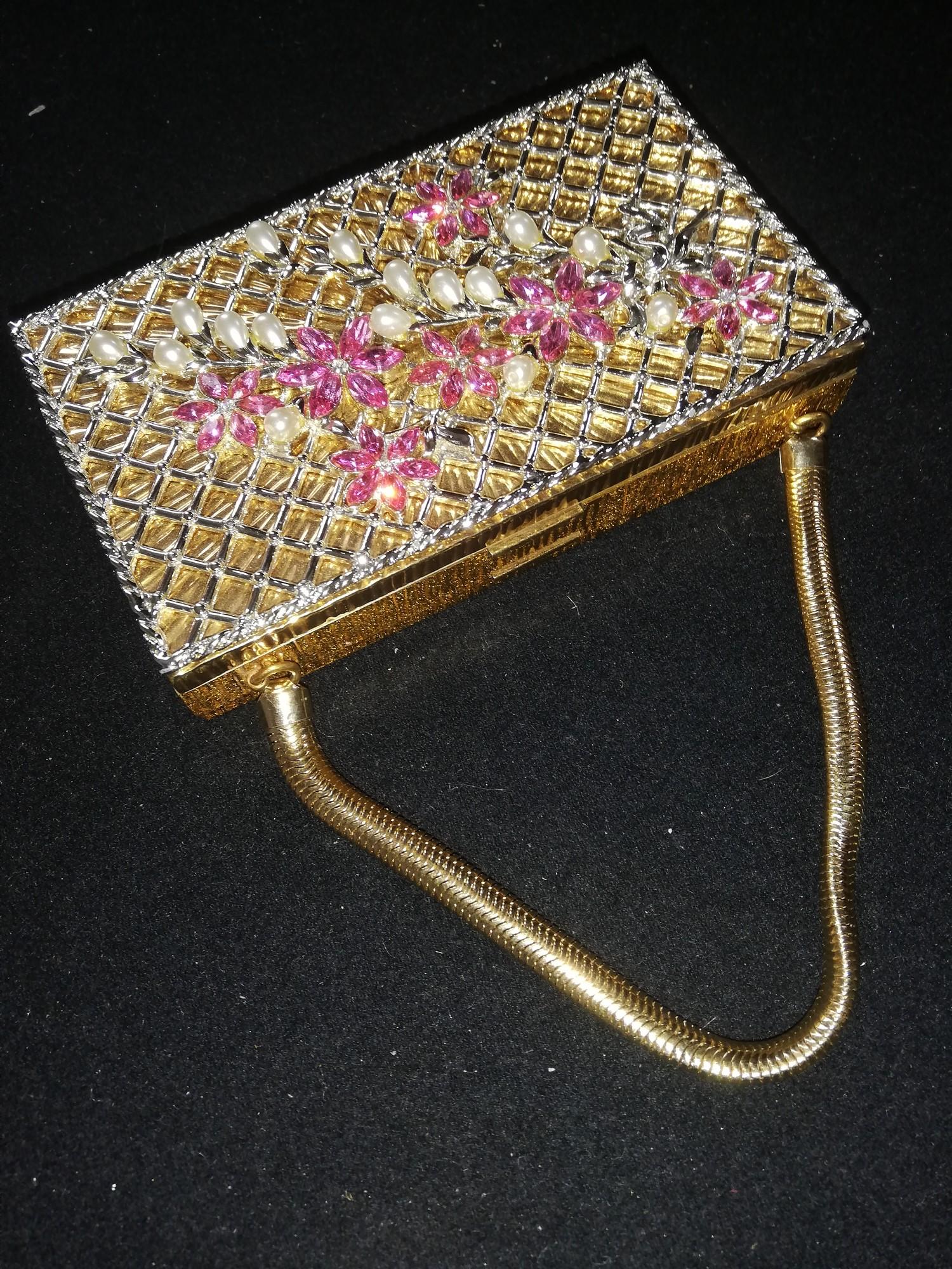 1950's American 2 part vanity case / carryall made from gilt metal & set with pink stones and pearls