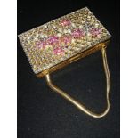 1950's American 2 part vanity case / carryall made from gilt metal & set with pink stones and pearls