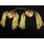 Pair of oriental silk embroidered & gold coloured tasselled snuff bottle purses (rust colour)