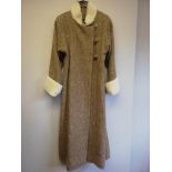 Vintage ladies long brown wool coat with sheepskin collar + cuffs