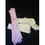 3 pairs of ladies long white leather gloves + 1 pr pink long ladies leather gloves