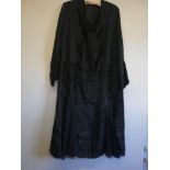 Vintage ladies black silk dress with embossed velvet decoration -bust 40"
