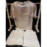 Silk cream embroidered ladies blouse t/w 2 identical embroidered silk short sleeved shirts