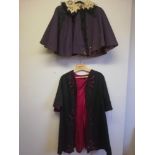Antique purple wool cape with lace collar and black trim t/w a black wool jacket with pink silk