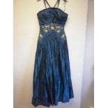 Vintage royal blue silk taffeta long ballgown with hand stitched gold & silver beading