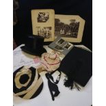 Of historical interest - Eton college boxed top hat to DSR, mortarboard J W Roberts, 2 sporting caps