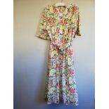 Vintage ladies floral short sleeved long dress with button through front & belt