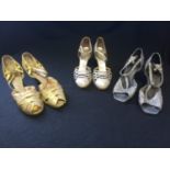 2 pairs ladies vintage silver sandals and 1 pair ladies gold sandals