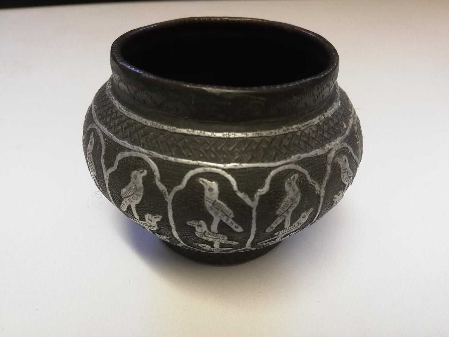 Bronze pot with silver inlay decoration on panels with birds -2½" diameter 3" height