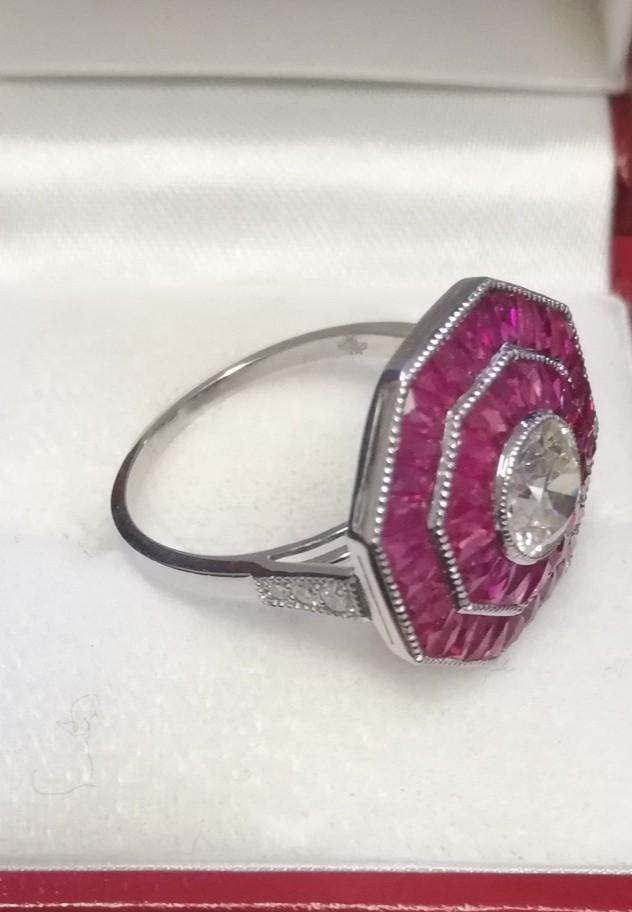 Fine quality octagonal shaped platinum ruby & diamond dress ring set with a central old cut diamond - Image 2 of 4