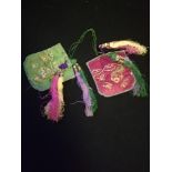 Pair of oriental silk embroidered & tasselled snuff bottle purses (red/green)