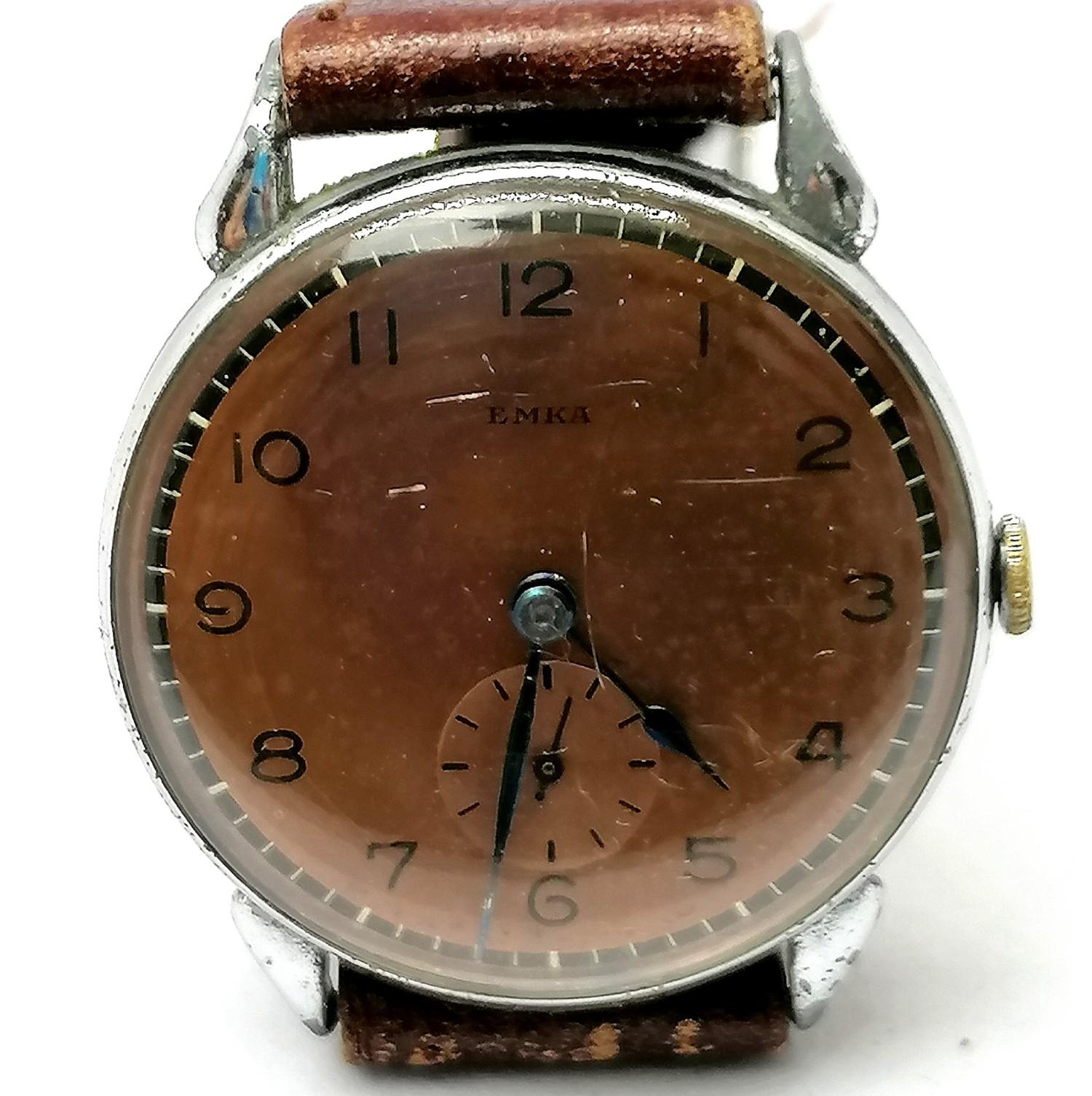 Gents EMKA vintage oversized Art Deco wristwatch stainless steel back 1¼" diameter with a copper