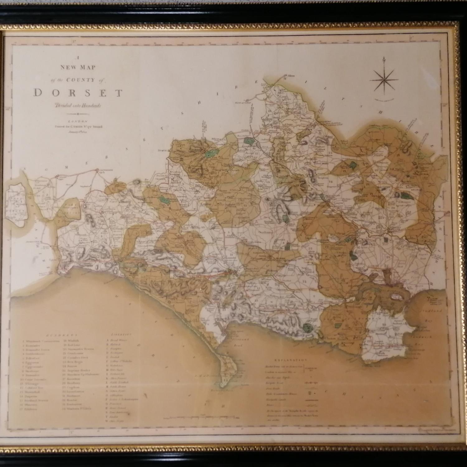 Framed 'old' 'hand tinted' New map of Dorset - 22½" x 20"