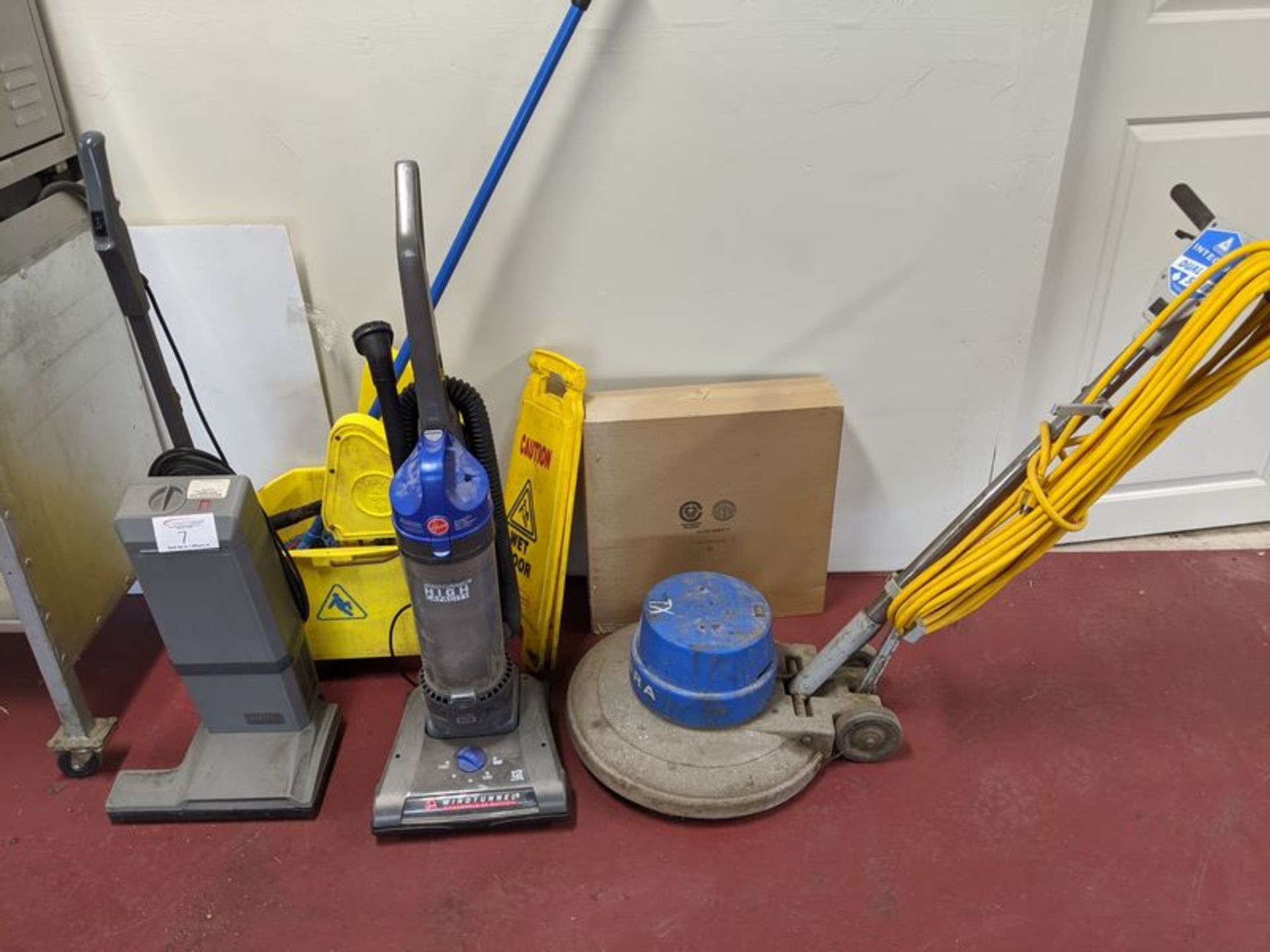 2 Vacuums, Floor Polisher, Mop and Pail, Box of Scrub Pads