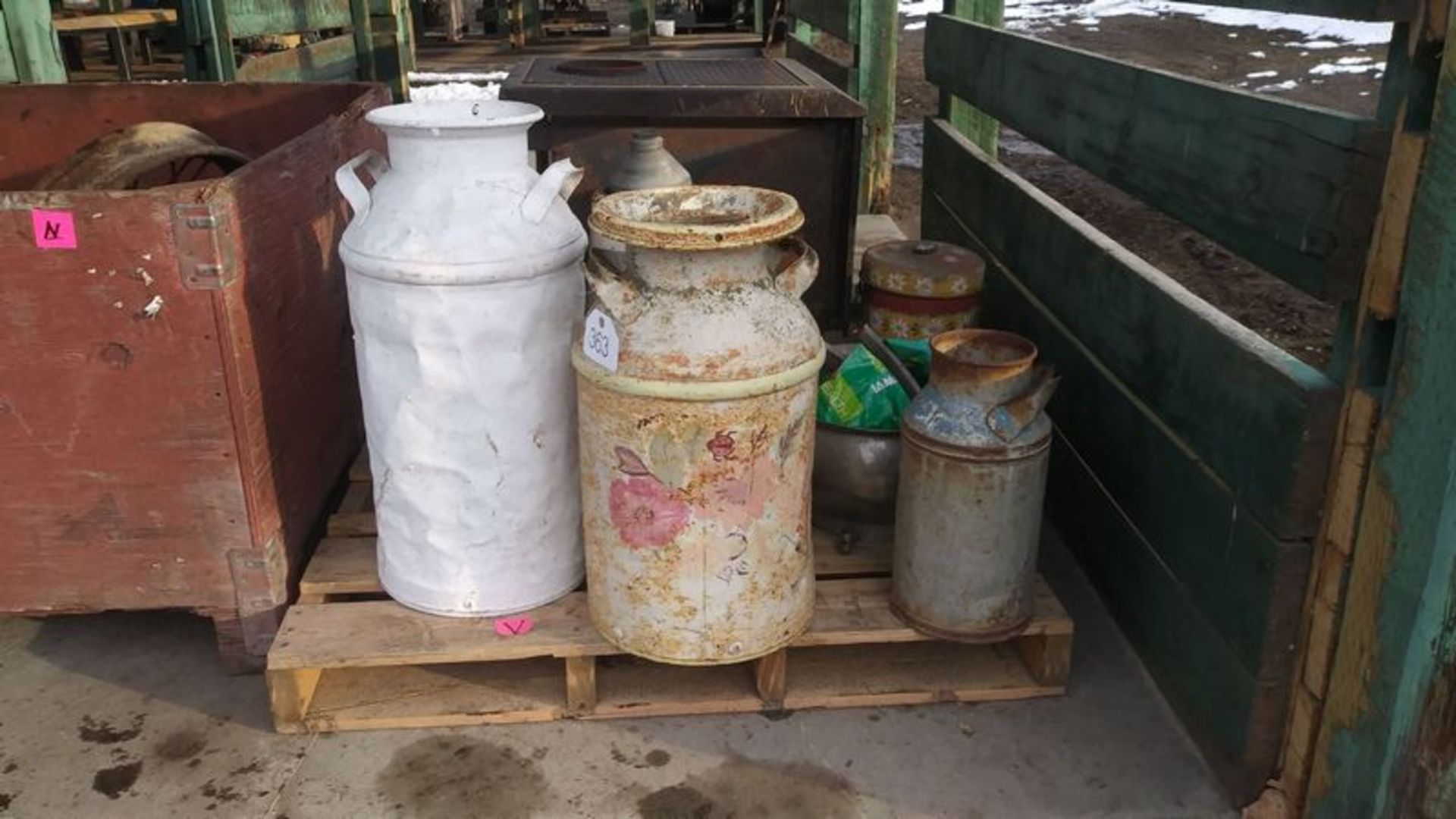 Skid of Cream Cans, Electric Creamer, Cream Separator, Wood Heater